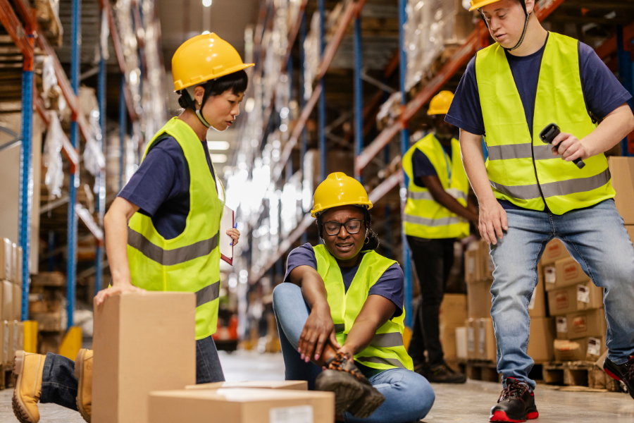 Warehouse worker experiencing an ankle injury during a workplace incident