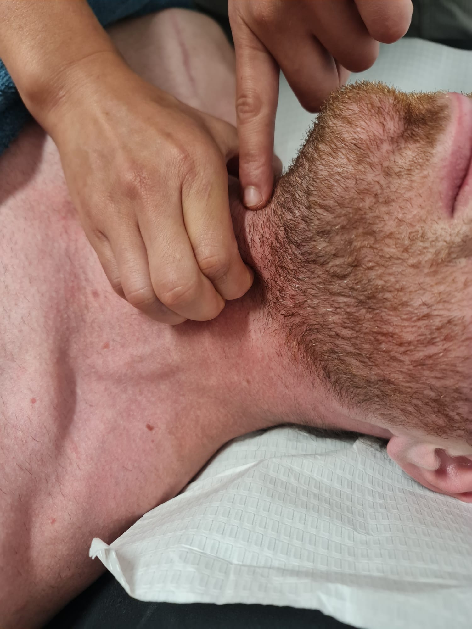 Hands-on treatment around the jaw and throat during a Vocal Physiotherapy appointment