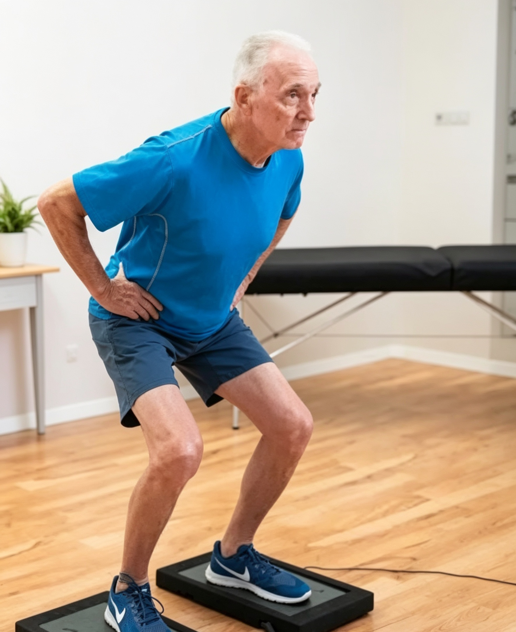 Older adult performing balance testing on VALD ForceDecks at Tweak Health Physio